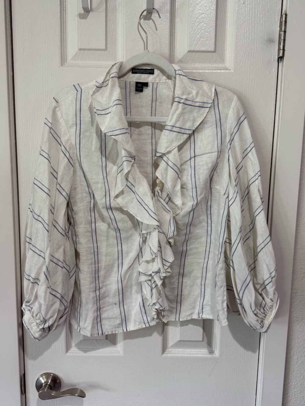 Lauren Ralph Lauren striped ruffle blouse button up white and blue linen